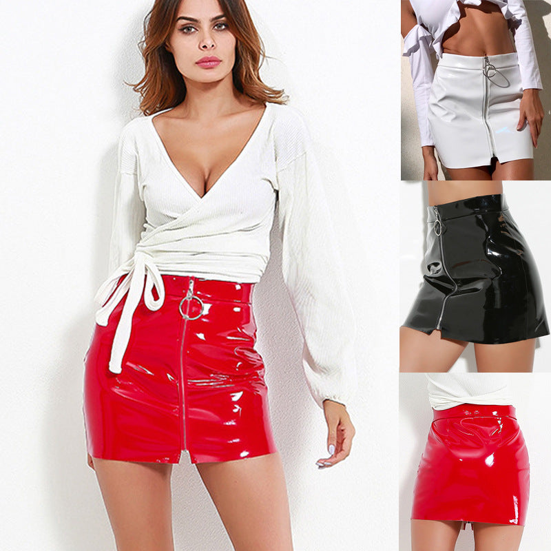 European and American cross-border women's clothing ring zipper short skirt high-quality bright leather PU slim skirt