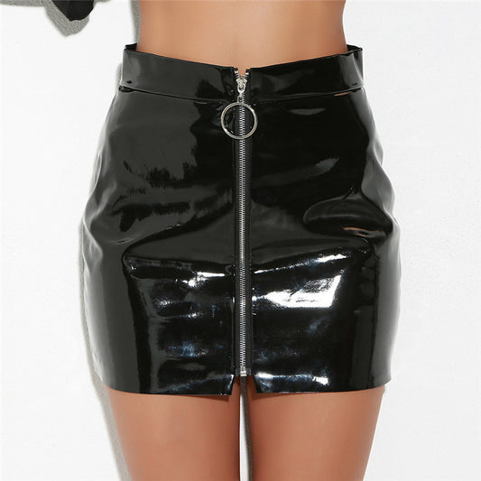 European and American cross-border women's clothing ring zipper short skirt high-quality bright leather PU slim skirt