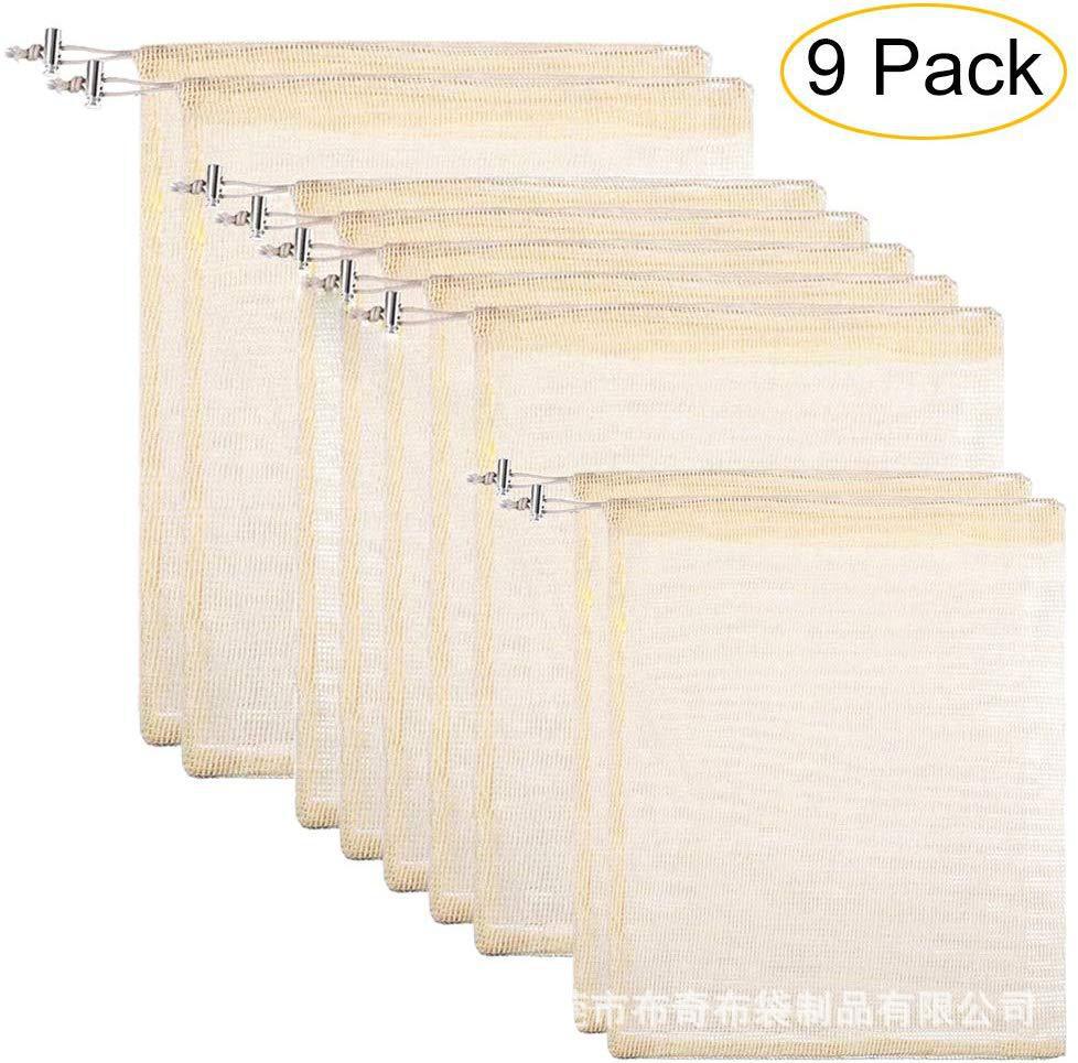 9pcs/set Premium Organic Cotton Mesh Produce Bags Reusable Washable Storage Drawstring Bag for Shopping, Grocery,Fruit Vegetable