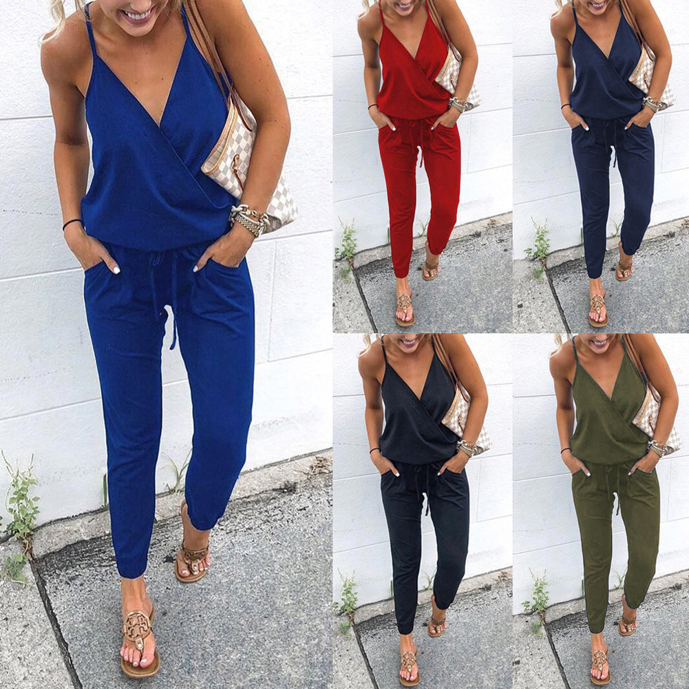 European and American sexy suspender V-neck pocket women's jumpsuit