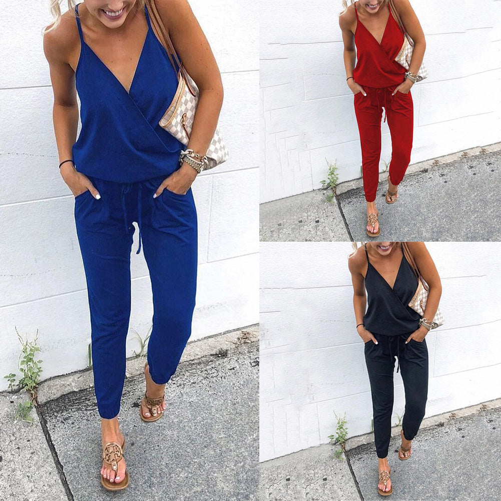 European and American sexy suspender V-neck pocket women's jumpsuit