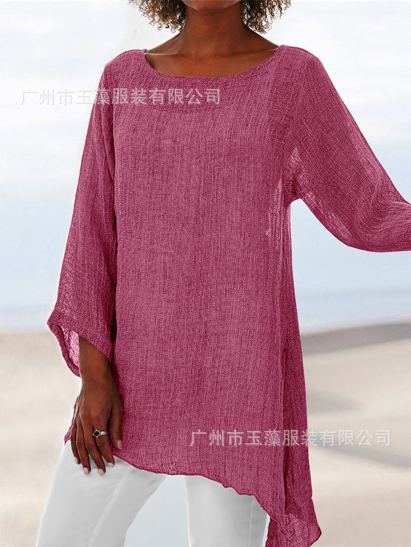 European and American women's clothing hot sale Pure color all-match casual top irregular long-sleeved T-shirt