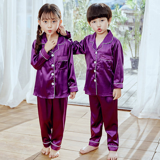 Children's pajamas simulation silk long-sleeved trousers suit boys and girls middle-aged children's thin air-conditioning clothing home service