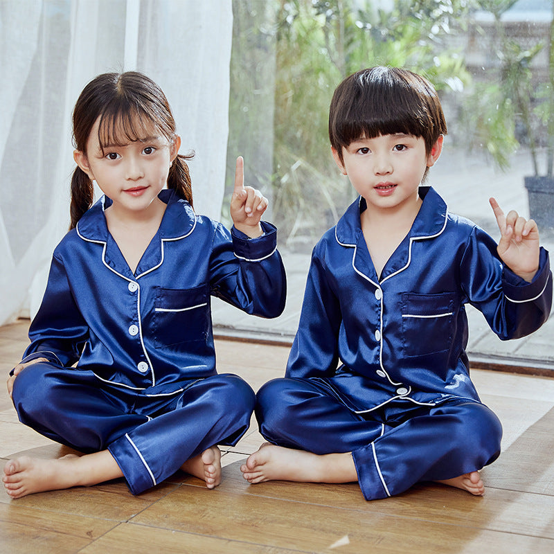 Children's pajamas simulation silk long-sleeved trousers suit boys and girls middle-aged children's thin air-conditioning clothing home service