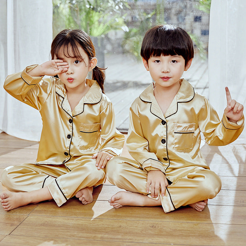 Children's pajamas simulation silk long-sleeved trousers suit boys and girls middle-aged children's thin air-conditioning clothing home service