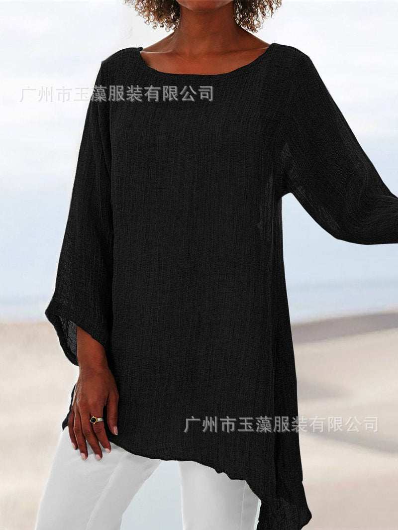 European and American women's clothing hot sale Pure color all-match casual top irregular long-sleeved T-shirt