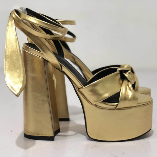 European and American new thick-heeled high-heeled shoes fish mouth golden sandals bow star shoes