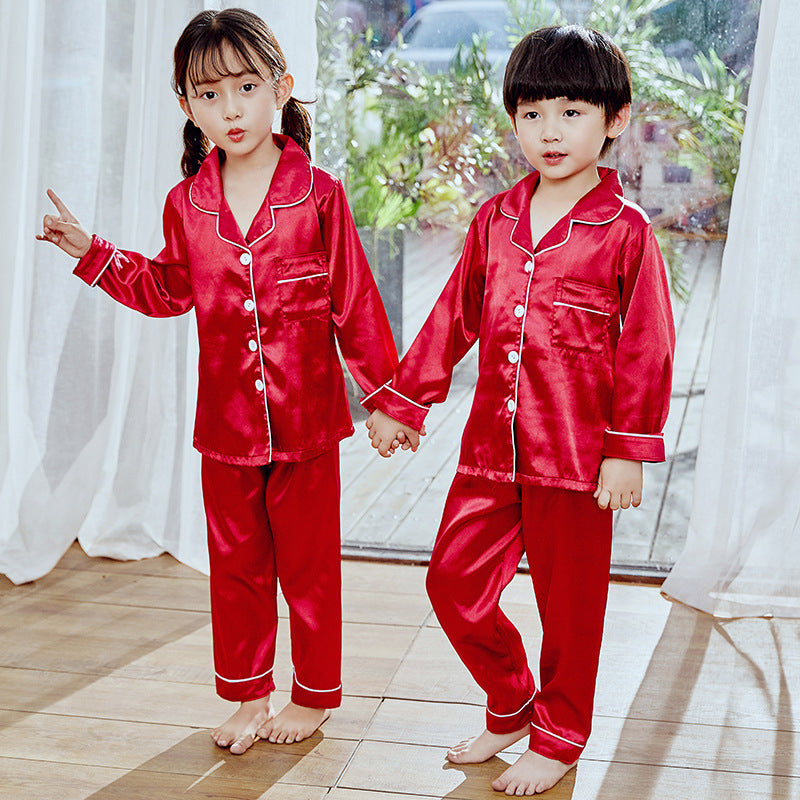 Children's pajamas simulation silk long-sleeved trousers suit boys and girls middle-aged children's thin air-conditioning clothing home service