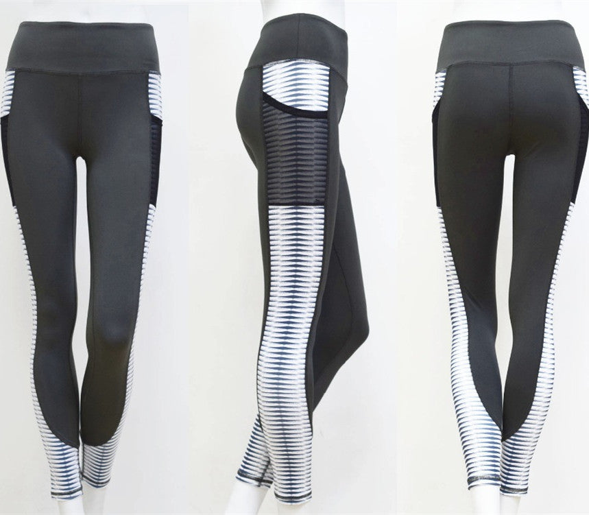 Hot sale leggings stitching pockets mesh printing yoga sports hip slim fit trousers