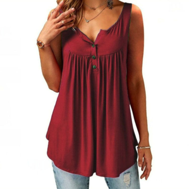 European and American solid color pleated sleeveless women's casual T-shirt mid-length button vest