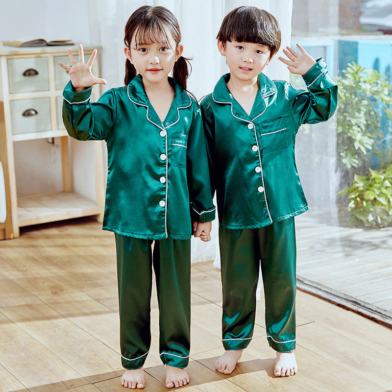 Children's pajamas simulation silk long-sleeved trousers suit boys and girls middle-aged children's thin air-conditioning clothing home service