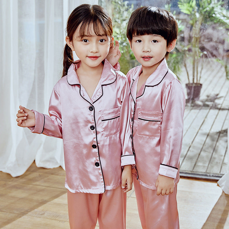 Children's pajamas simulation silk long-sleeved trousers suit boys and girls middle-aged children's thin air-conditioning clothing home service