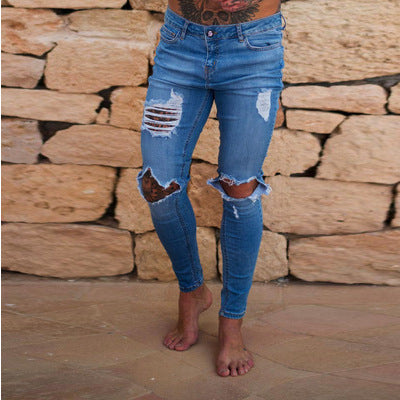 European and American fashion high street style beggars ripped men's small feet jeans