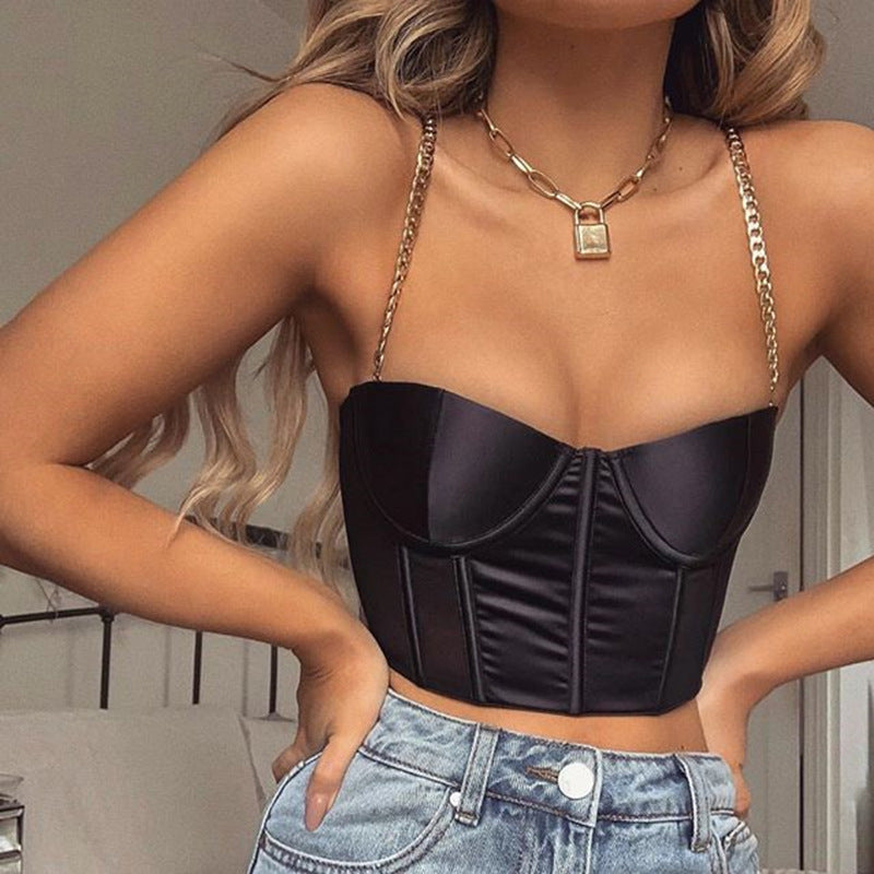 Sexy female body metal chain satin strap vest