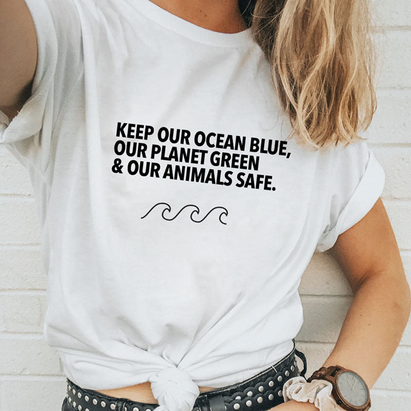 European and American hot sale keep our ocean blue letter printing men and women cotton T-shirt short sleeve