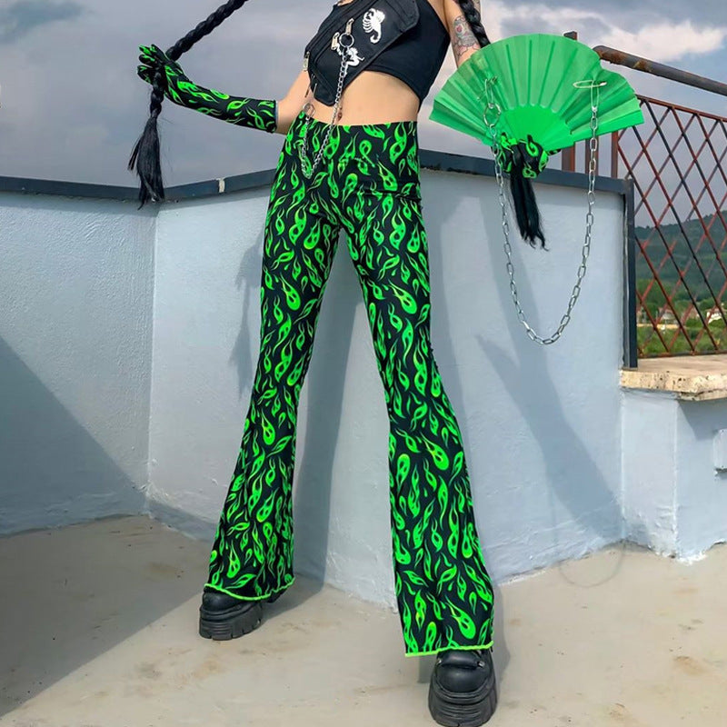 Printed fruit green bell-bottom pants fashion casual pants