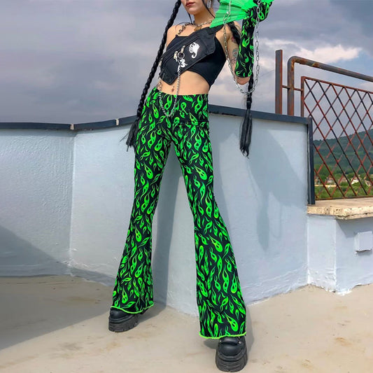 Printed fruit green bell-bottom pants fashion casual pants