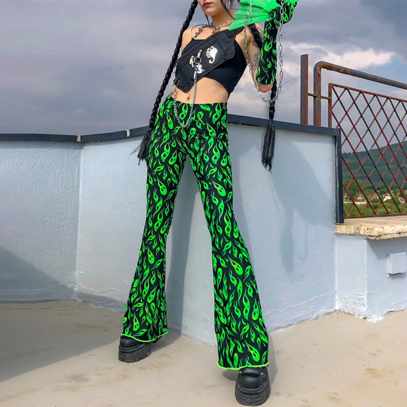 Printed fruit green bell-bottom pants fashion casual pants