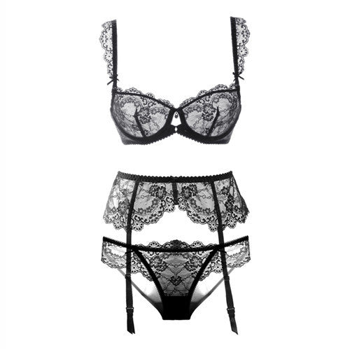 Varsbaby ladies sexy thin lace transparent large size non-sponge ultra-thin underwear garter three-piece suit