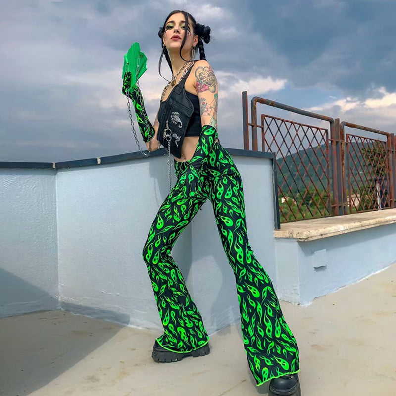 Printed fruit green bell-bottom pants fashion casual pants