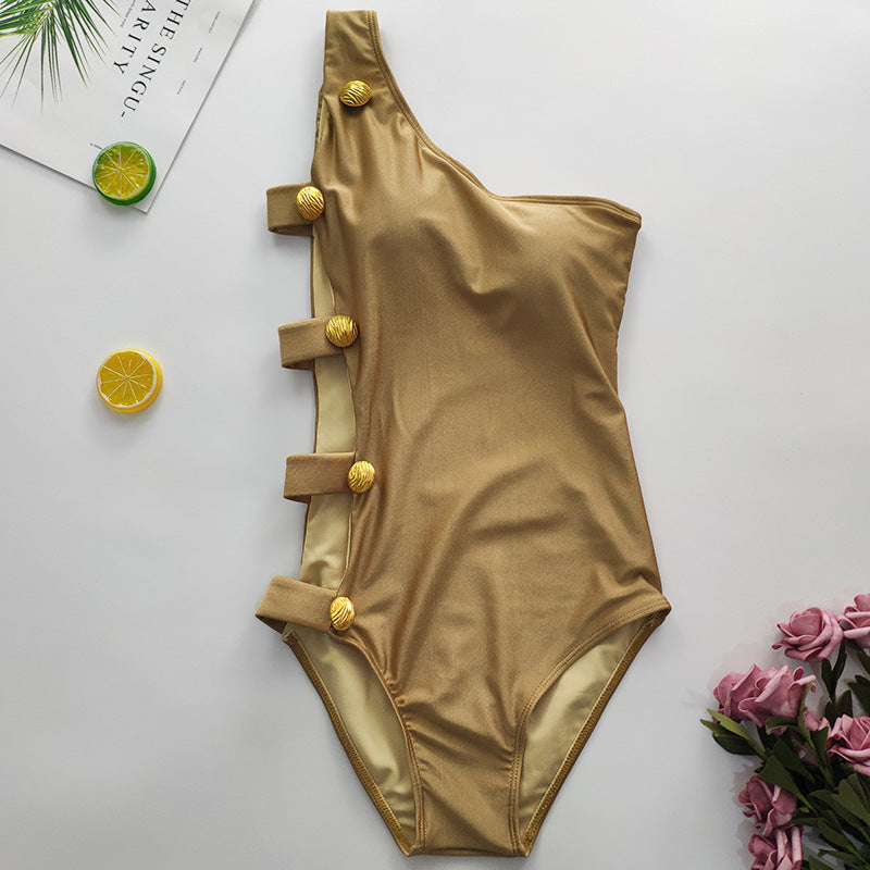 European and American sexy one-shoulder right side button one-piece bikini quick-drying conservative cover belly slimming swimsuit