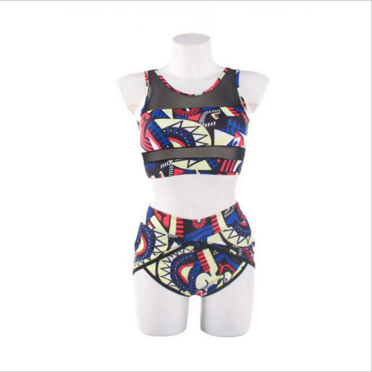 European and American new style plus fat large size split bikini swimsuit mesh stitching printing high waist women's swimwear