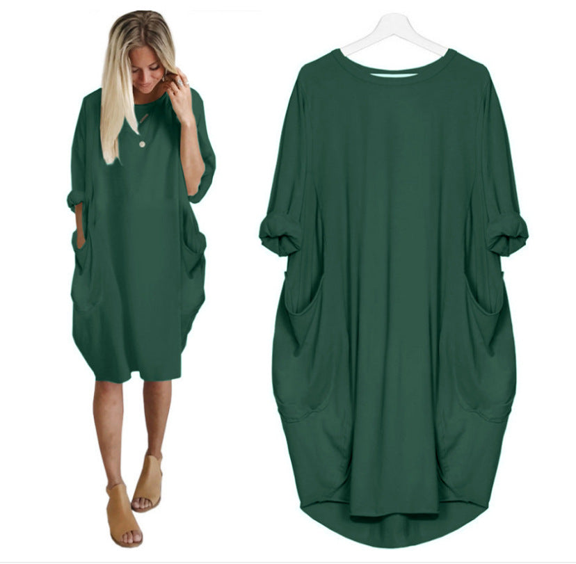 European and American popular casual loose pocket long-sleeved dress