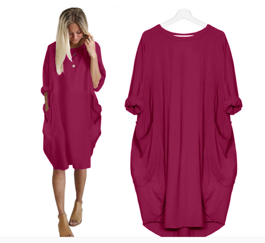 European and American popular casual loose pocket long-sleeved dress