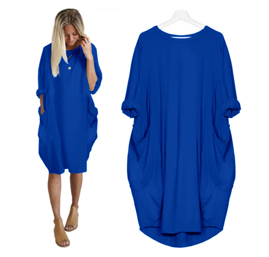 European and American popular casual loose pocket long-sleeved dress