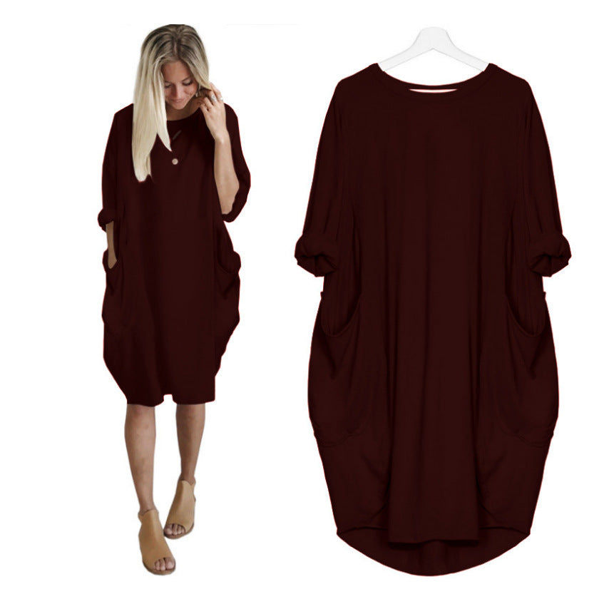 European and American popular casual loose pocket long-sleeved dress