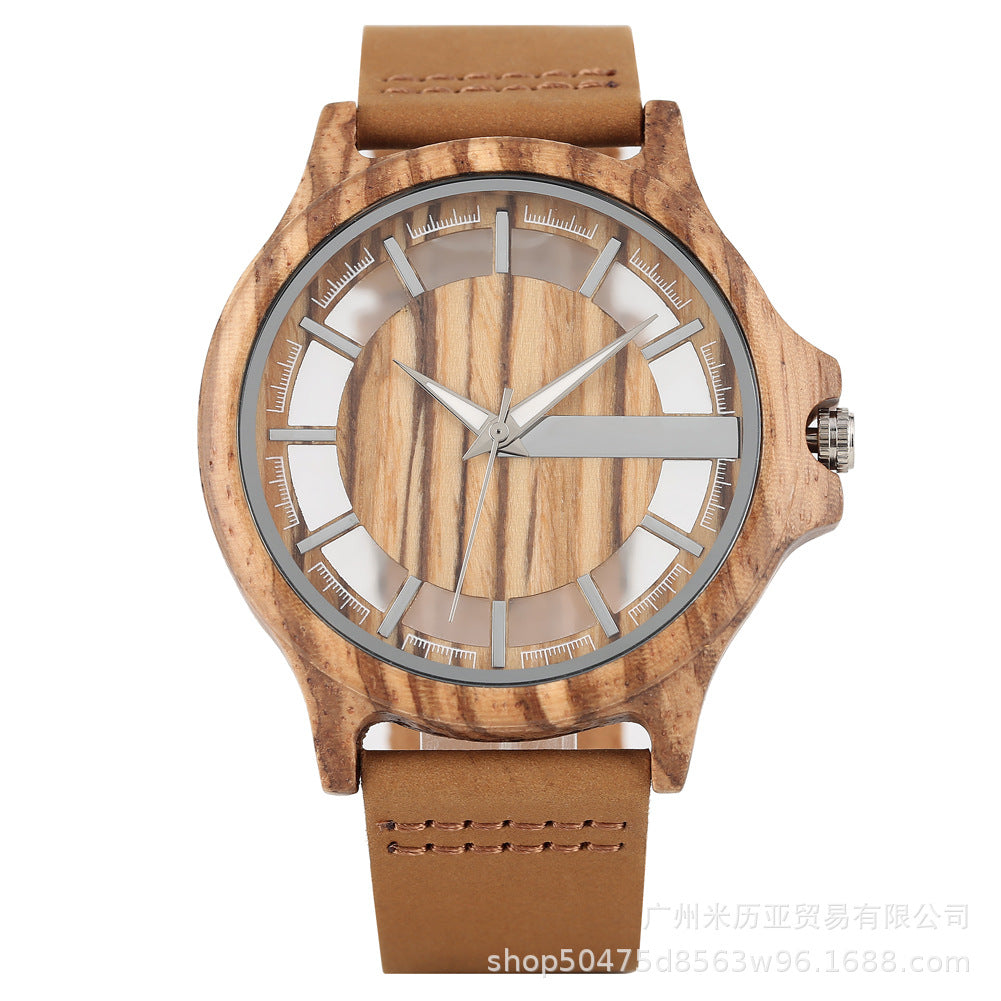 New fashion zebra walnut hollow transparent wooden watch, men's quartz casual watch