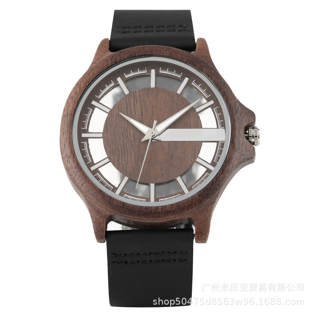 New fashion zebra walnut hollow transparent wooden watch, men's quartz casual watch