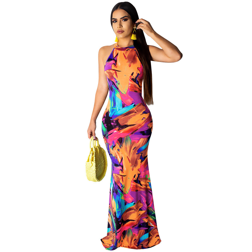 European and American Slim Long Skirt Women's Printed Beach Evening Dress