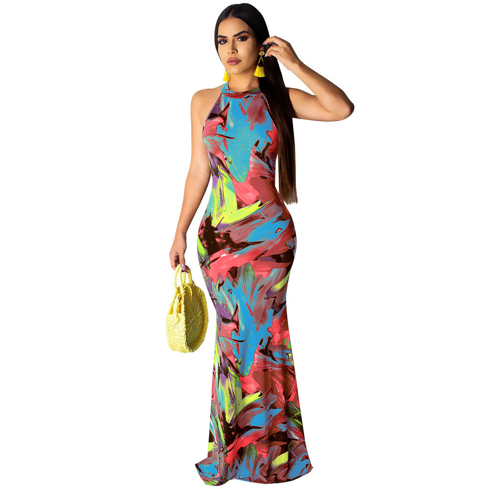 European and American Slim Long Skirt Women's Printed Beach Evening Dress