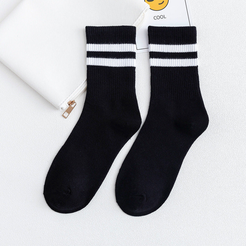 White long socks women's tube socks ins tide ulzzang autumn thin section two bars black sports couple socks