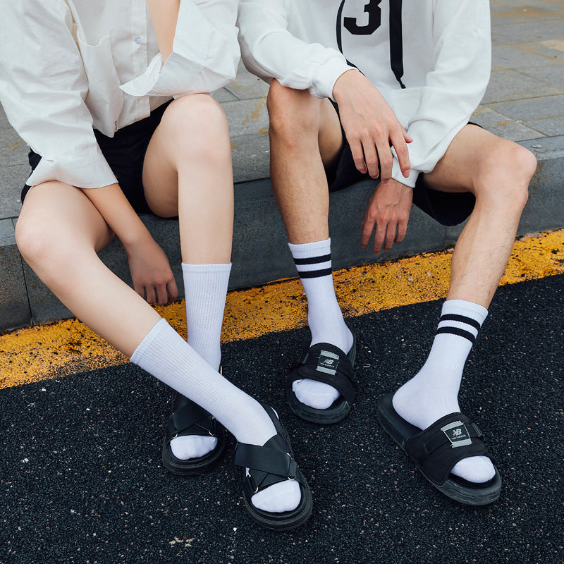 White long socks women's tube socks ins tide ulzzang autumn thin section two bars black sports couple socks