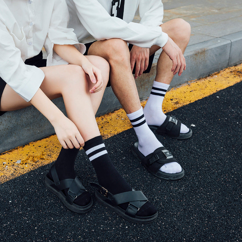 White long socks women's tube socks ins tide ulzzang autumn thin section two bars black sports couple socks