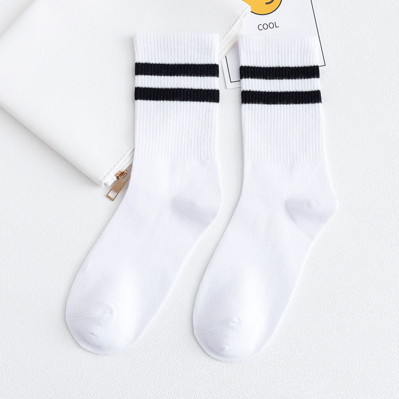 White long socks women's tube socks ins tide ulzzang autumn thin section two bars black sports couple socks