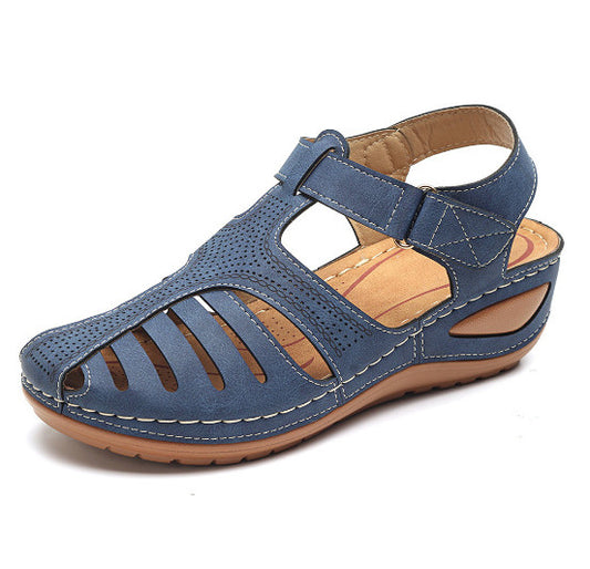 European and American retro female sandals car line hole shoes slip large size round head wedges comfortable sandals