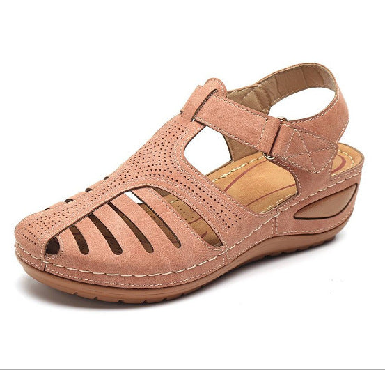 European and American retro female sandals car line hole shoes slip large size round head wedges comfortable sandals