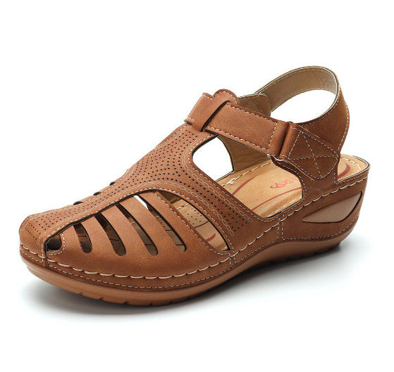 European and American retro female sandals car line hole shoes slip large size round head wedges comfortable sandals