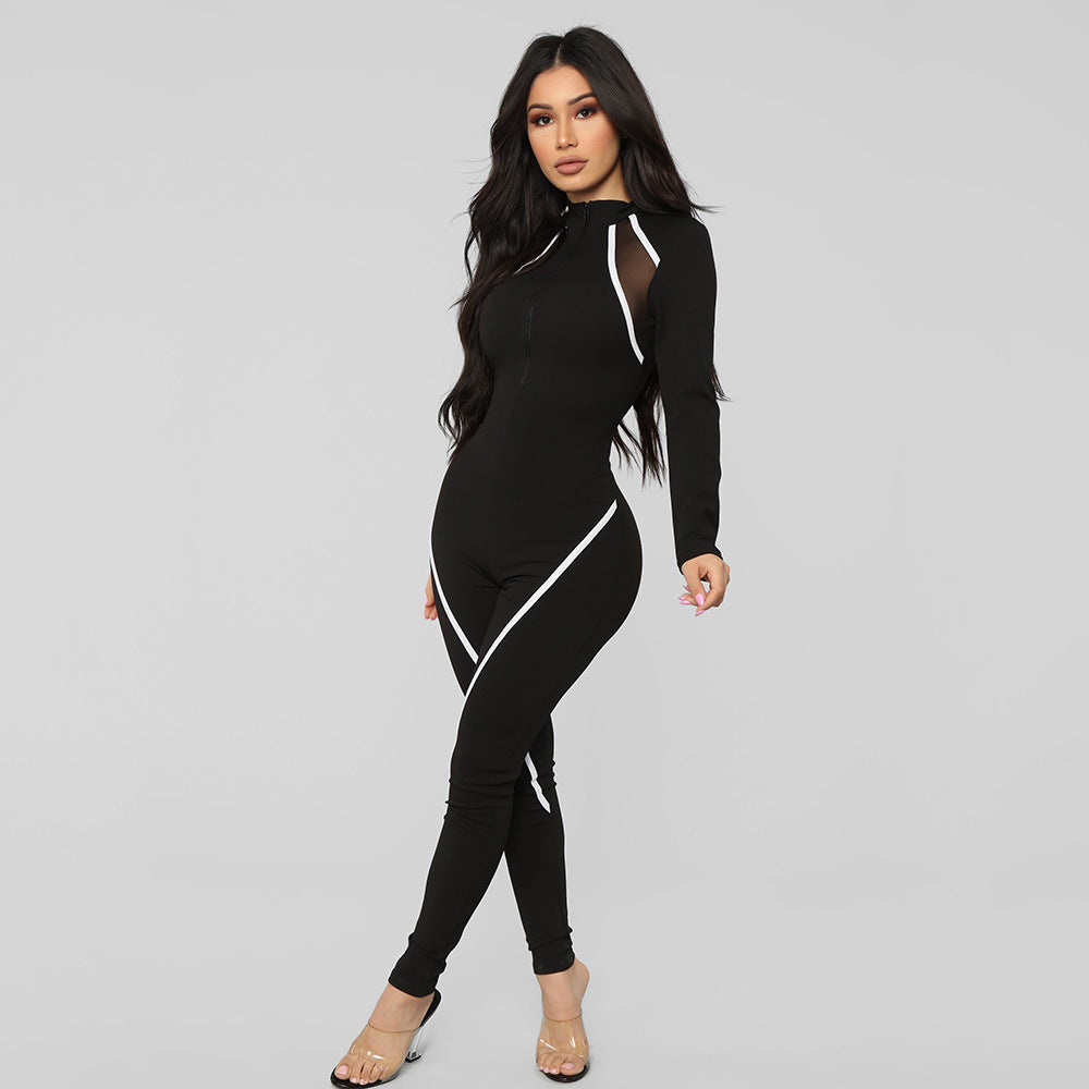 New women's mesh stitching striped sports jumpsuit