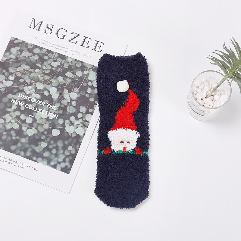 Christmas socks embroidery three-dimensional home coral velvet cartoon thick towel floor half velvet women socks