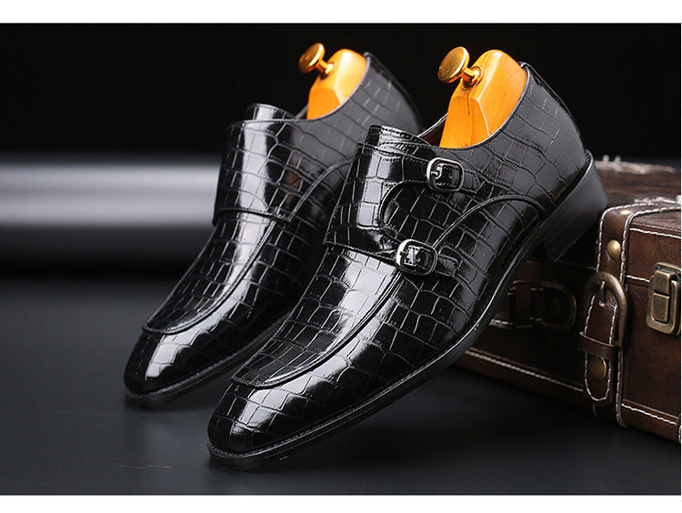 Crocodile pattern men's pointed toe shoes, men's fashion, personality, trend, double buckle shoes, men's shoes