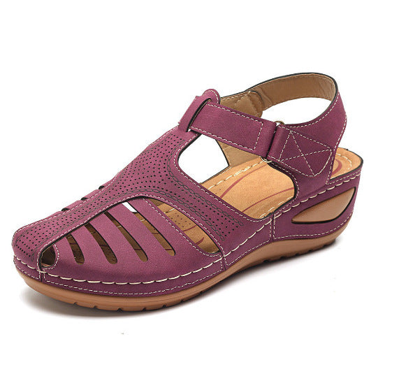 European and American retro female sandals car line hole shoes slip large size round head wedges comfortable sandals