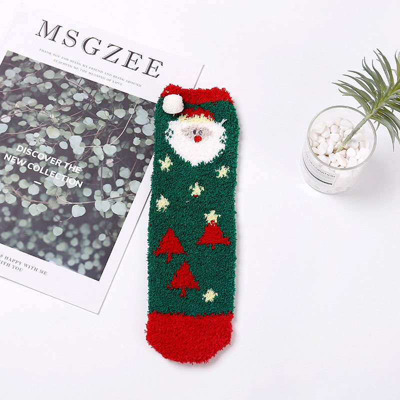 Christmas socks embroidery three-dimensional home coral velvet cartoon thick towel floor half velvet women socks