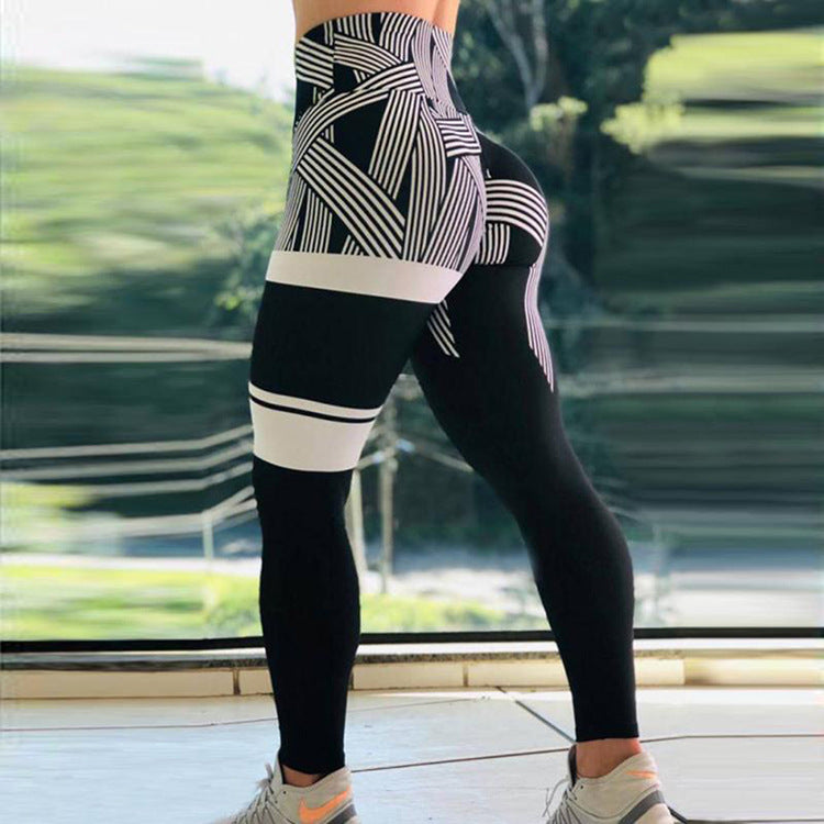 Hot models digital printing striped four-way stretch fabric hip high waist fitness yoga pants sports bottoming women's pants