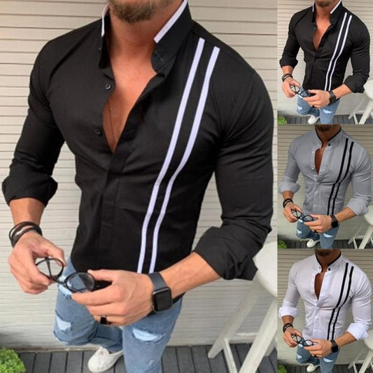 European and American style pull strip hit color stand-up collar button long-sleeved casual shirt