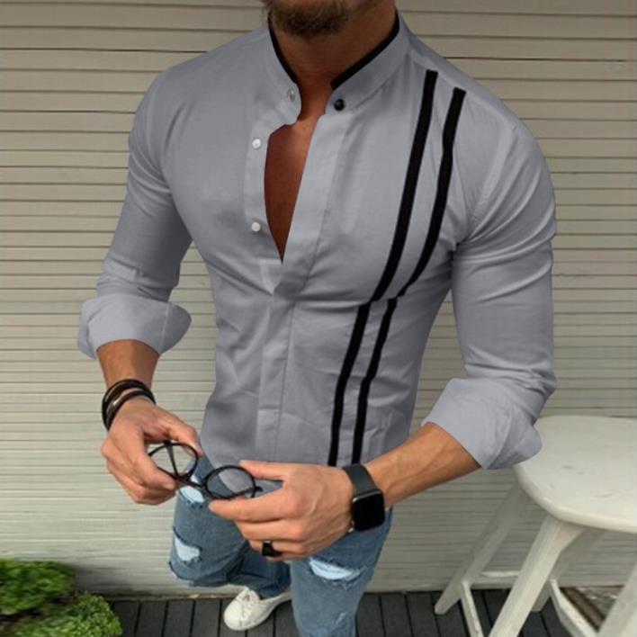 European and American style pull strip hit color stand-up collar button long-sleeved casual shirt