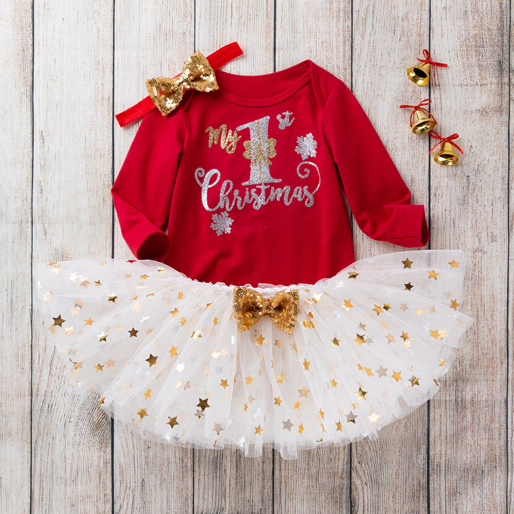 New Long Sleeve Romper Half-length Skirt 0-2 Years Old Infant Birthday Clothes Female Baby TUTU Skirt Three-piece set